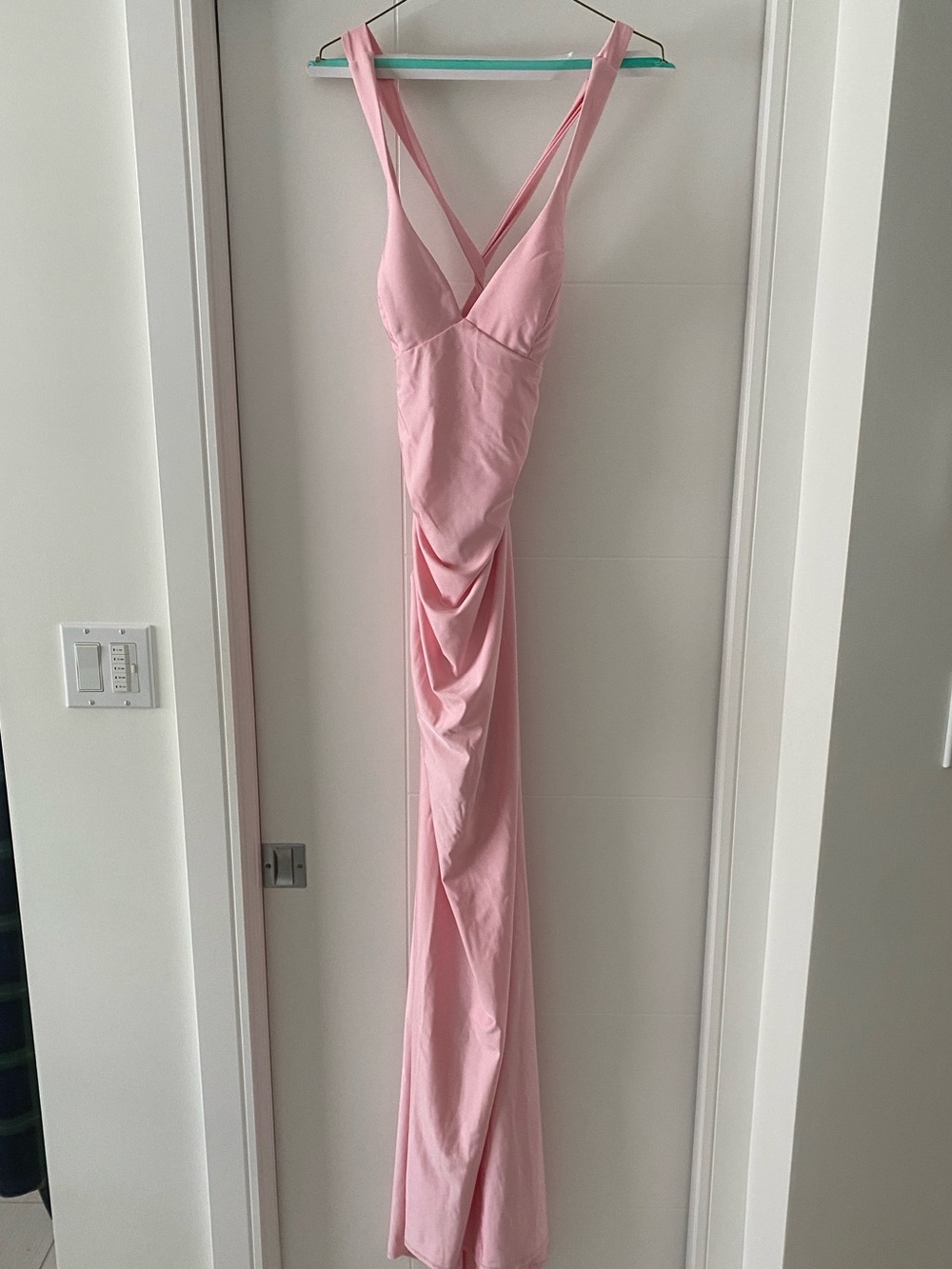 B Darlin Pink Draped Maxi Prom dress